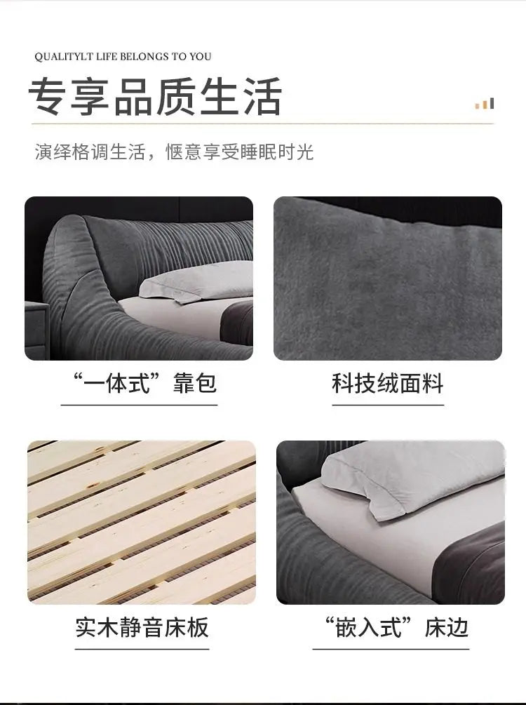 Dark grey upholstered bed frame with curved headboard, wooden slats, and recessed mattress design for a sleek look.