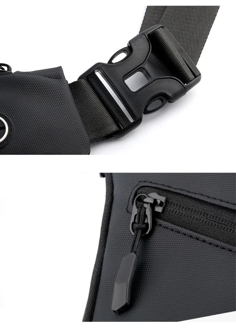 Close-up of a black crossbody sling bag featuring a durable quick-release buckle and a secure, zip-up pocket.