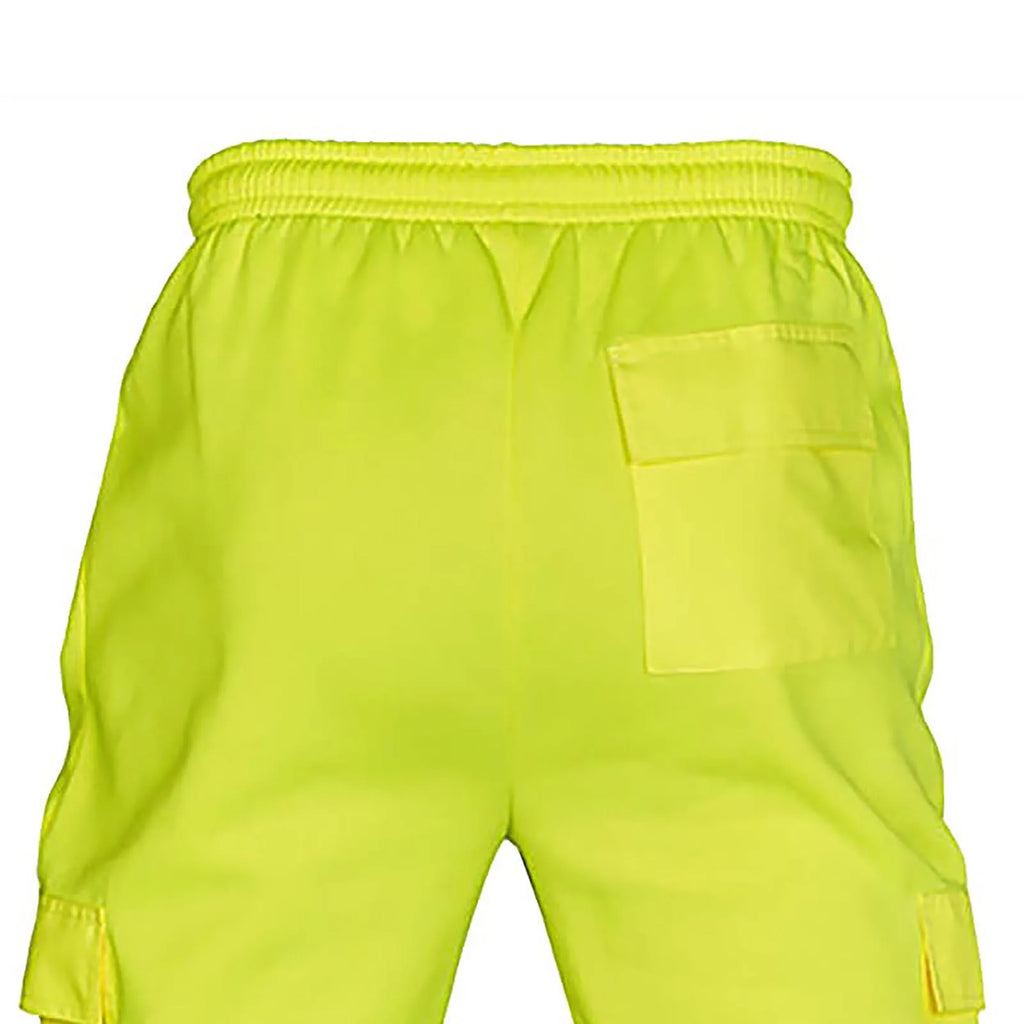 Back view of fluorescent yellow high-visibility work trousers with an elasticated waistband and patch pocket.