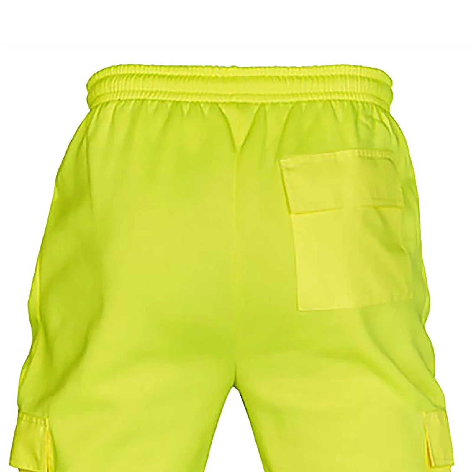 Back view of fluorescent yellow high-visibility work trousers with an elasticated waistband and patch pocket.