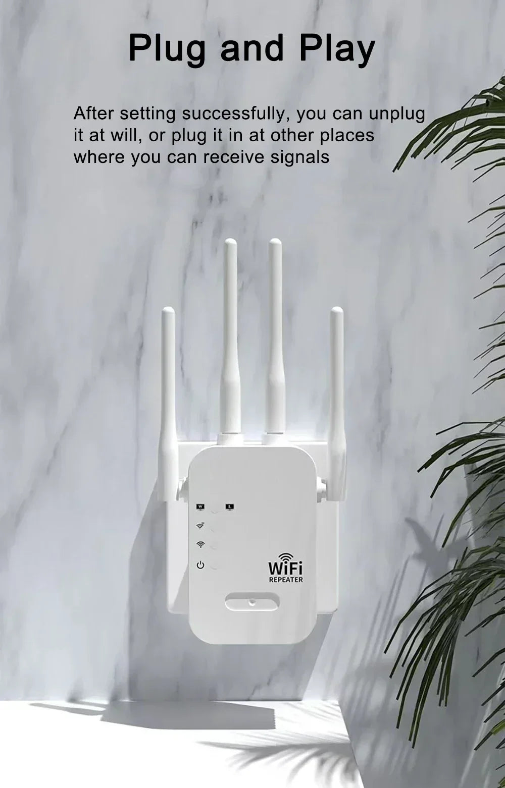 White, four-antenna WiFi repeater plugged into a wall, featuring status LED indicators and a compact, modern design.