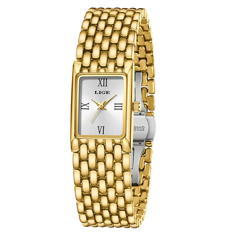 Luxury gold-tone ladies' quartz watch with a square silver face, Roman numerals, and a polished link bracelet.