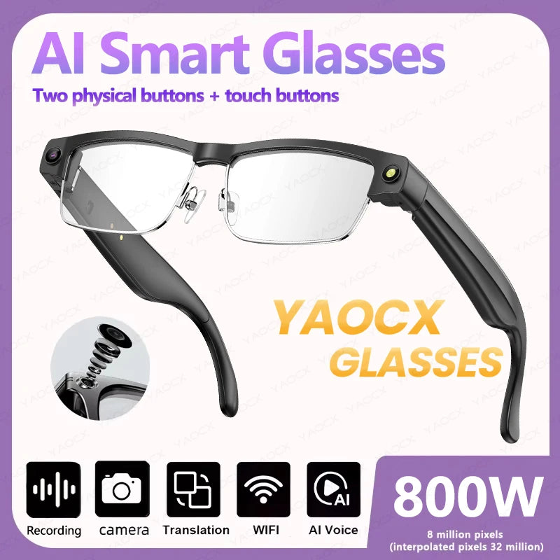 Al Smart Photo Glasses 800W Camera 1200P anti-shake HD Video Recording Translation Voice Assistant Music BT Call Smart Glasses