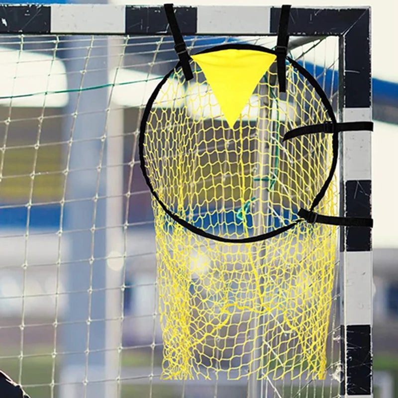 Yellow football target net attachment with black straps, designed to hang in the corner of a goal post.