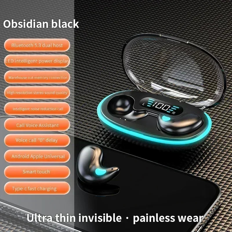 Obsidian black wireless earbuds with a sleek charging case featuring a blue LED light and digital power display.