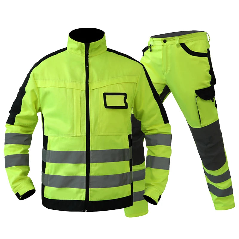High-visibility neon yellow work jacket and trousers set with black accents, reflective strips, and multiple pockets.