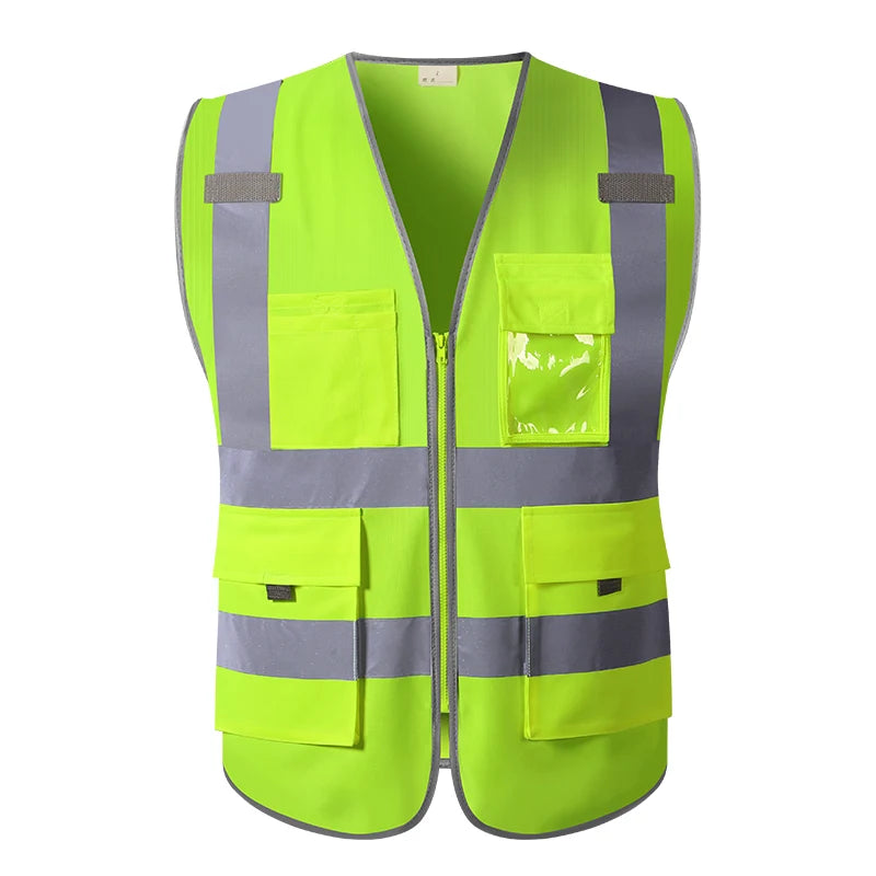 High-visibility yellow work vest with zip front, reflective strips, and multiple utility pockets including an ID window.