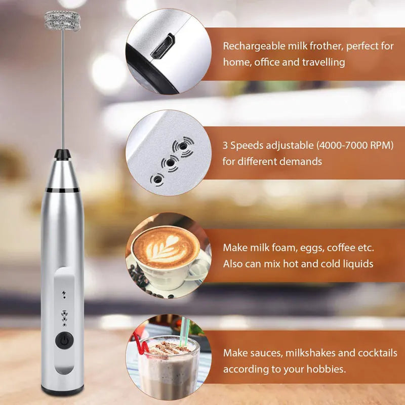 Silver handheld, rechargeable electric milk frother with a wire whisk attachment and three adjustable speed settings.