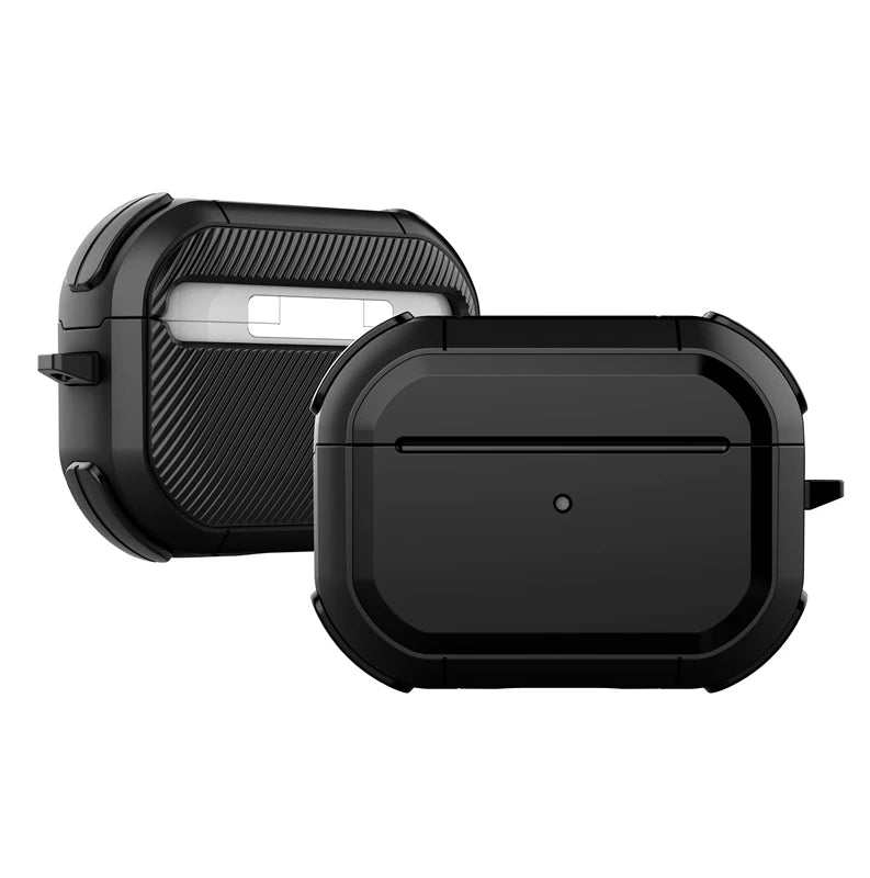 Rugged black protective case for AirPods Pro, featuring a textured carbon fibre style finish and durable design.