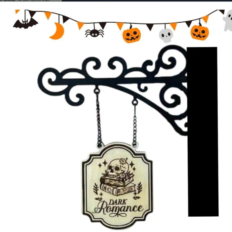 A decorative black scroll-style wall bracket holding a hanging sign that reads 'Dark Romance' with a skull-and-book motif.