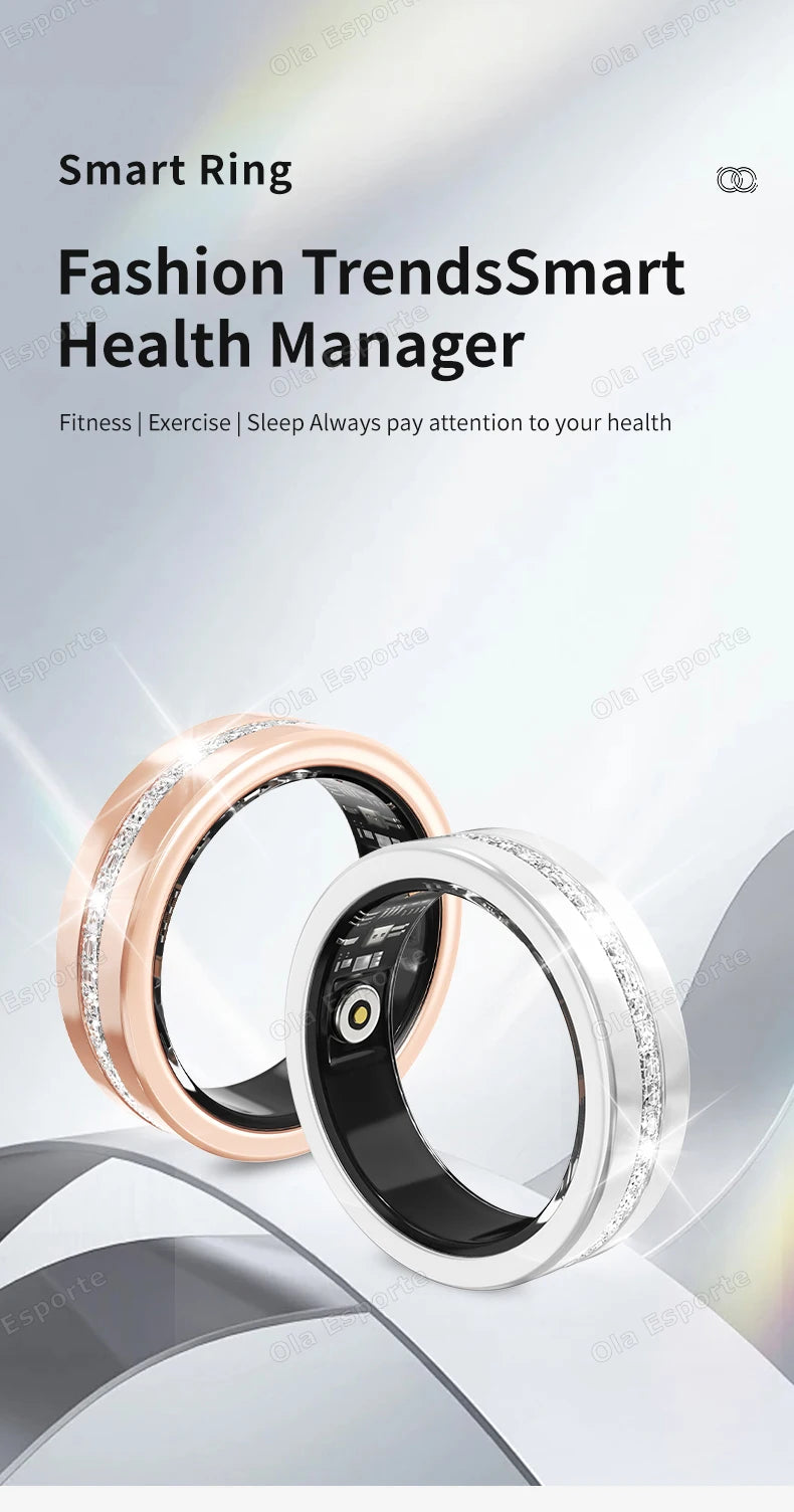 Rose gold and silver smart fitness rings with an embedded crystal band and internal health tracking sensors.