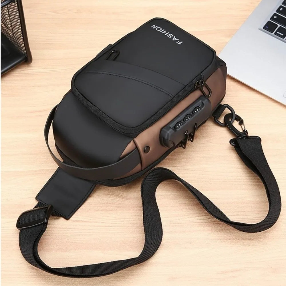 Black and brown anti-theft crossbody chest bag with a built-in combination lock and adjustable shoulder strap.