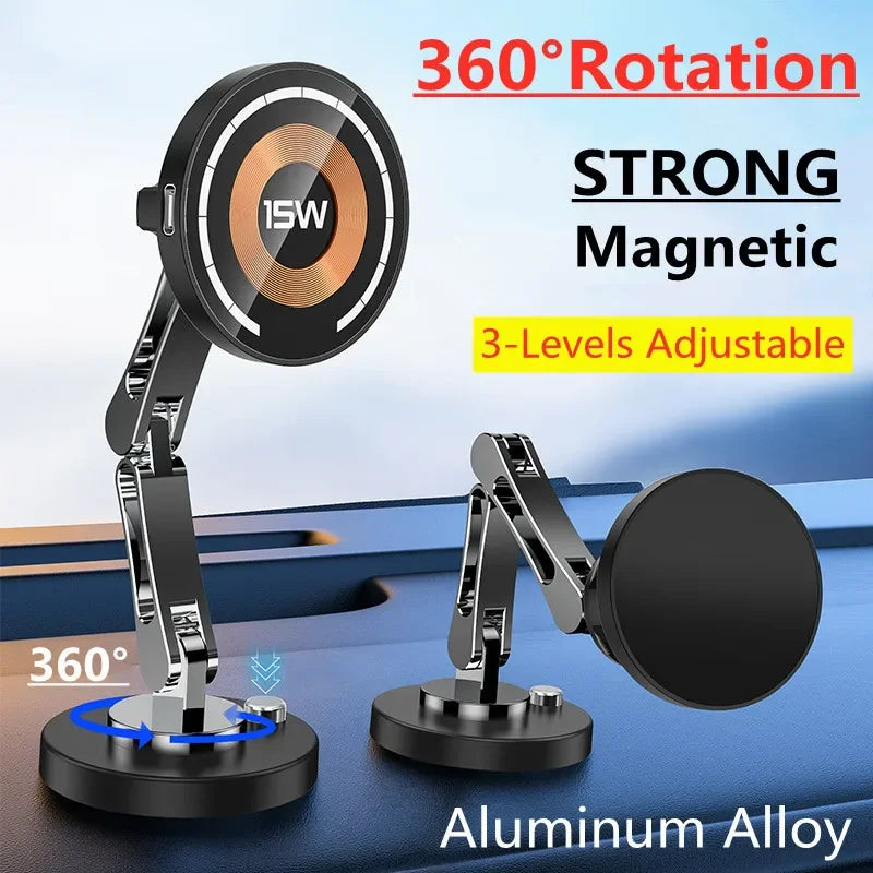 Black, adjustable aluminum alloy magnetic phone mounts with a 360-degree rotating design for car dashboards.