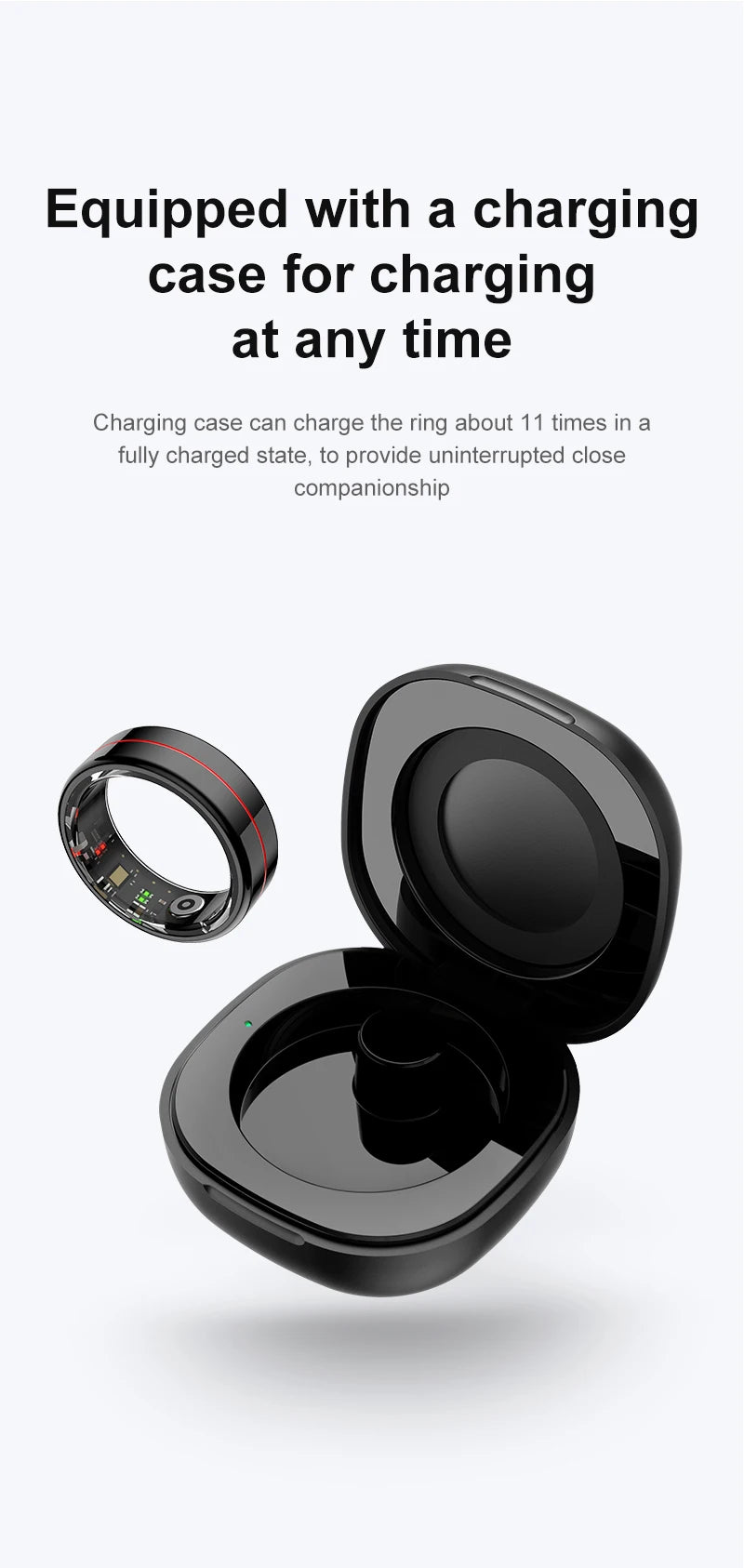 Sleek black smart fitness ring with a red detail, shown alongside its portable charging case.