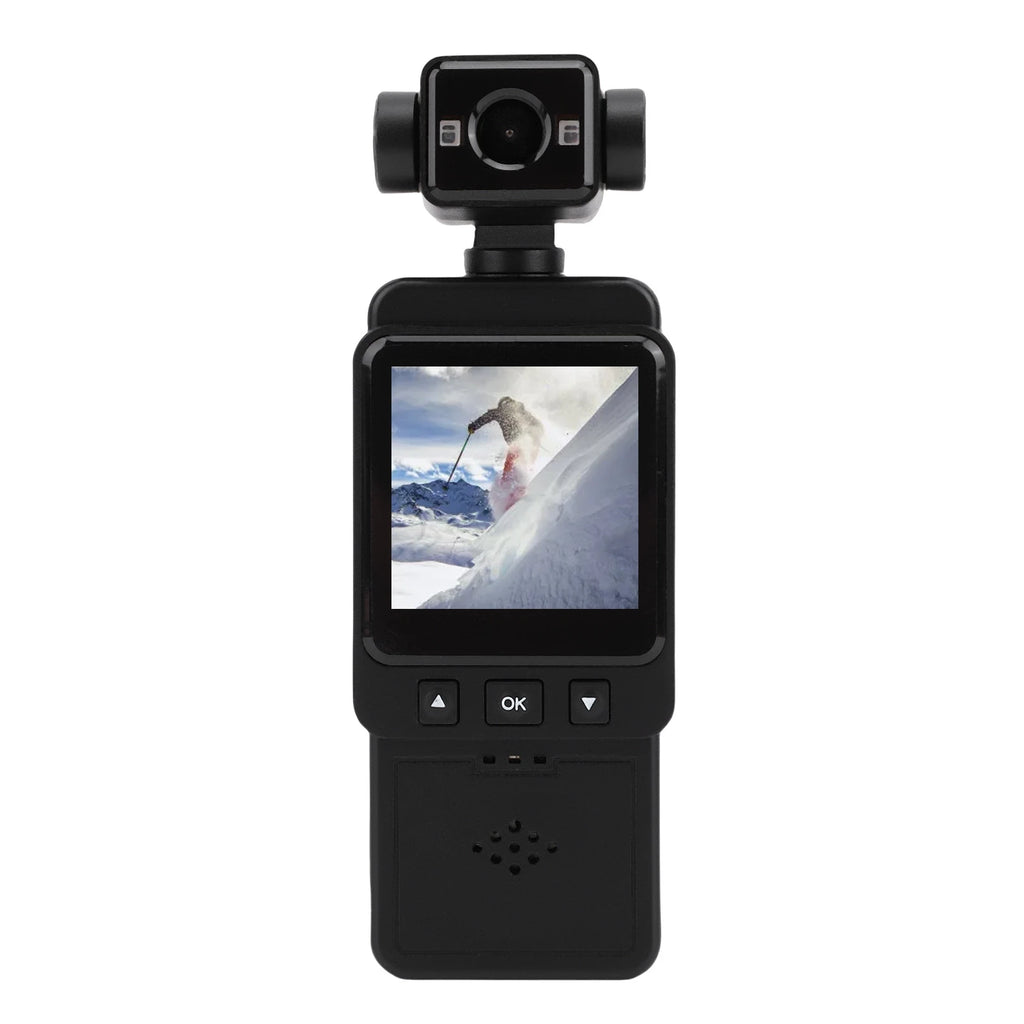 Black handheld plastic action camera with a top-mounted gimbal lens, LCD display, and navigation buttons.