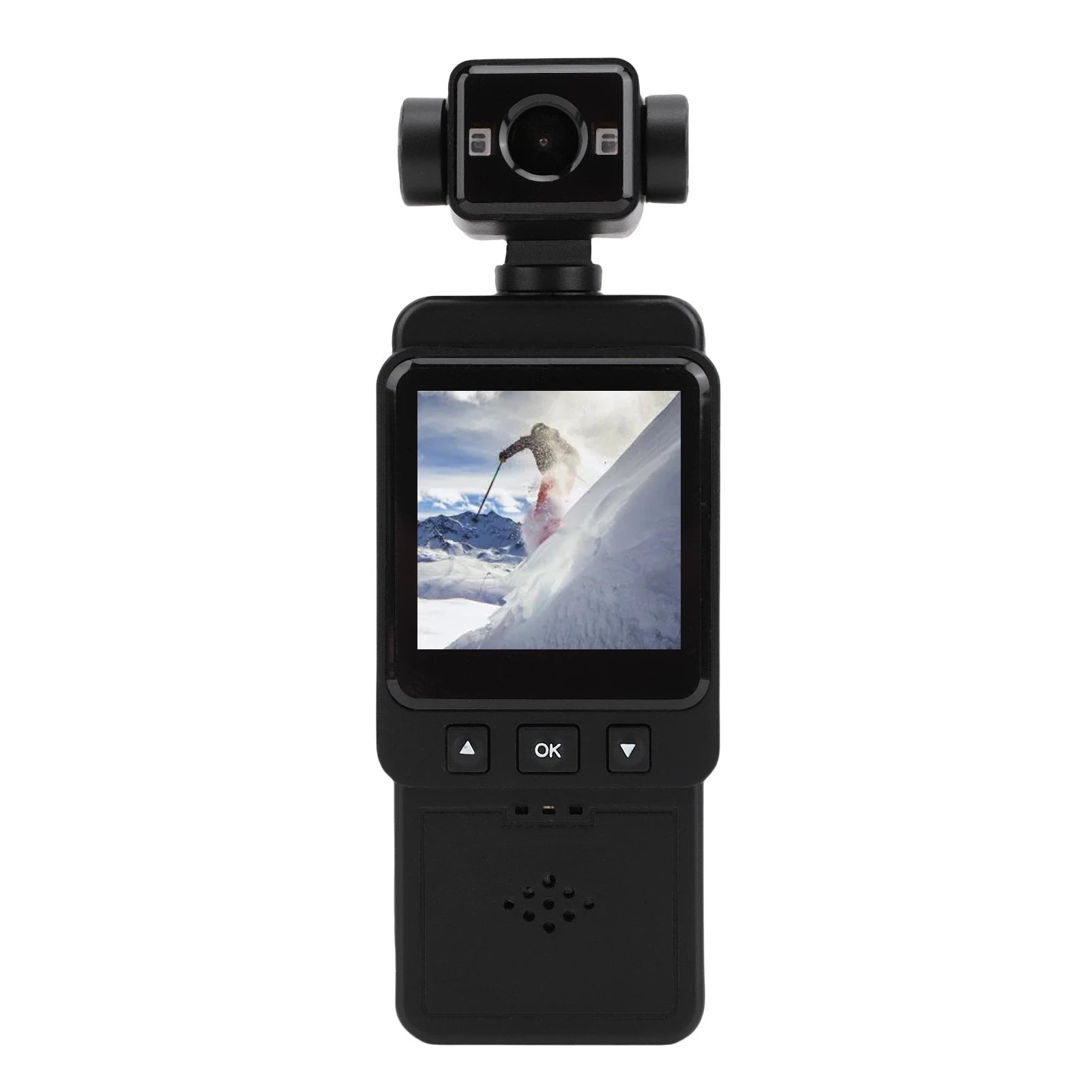 Black handheld plastic action camera with a top-mounted gimbal lens, LCD display, and navigation buttons.