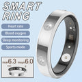 Slim, polished silver smart ring with embedded sensors, featuring crystal accents and health tracking icons.