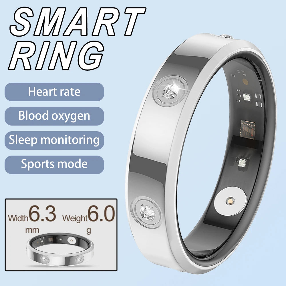 Slim, polished silver smart ring with embedded sensors, featuring crystal accents and health tracking icons.