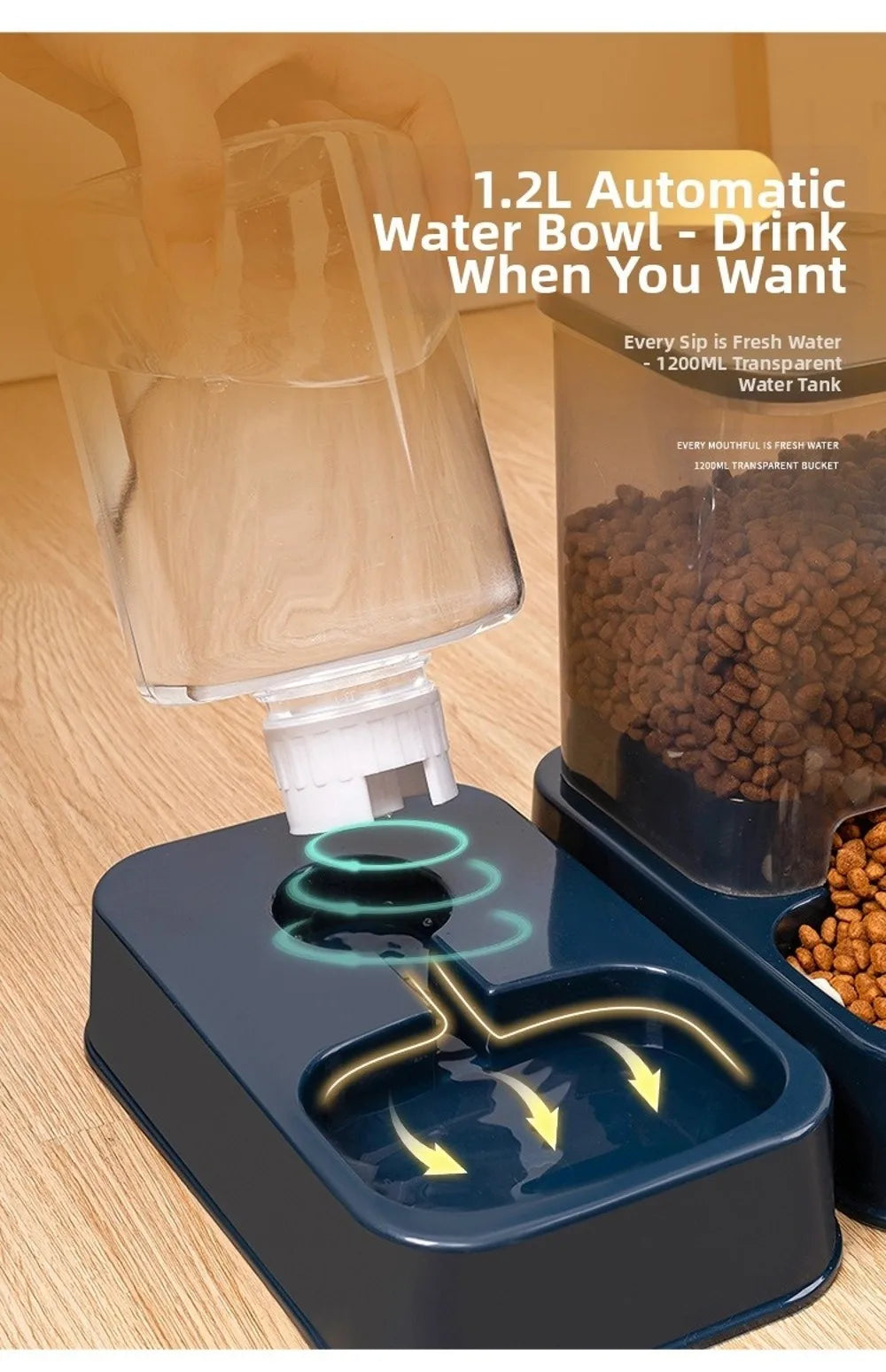 Automatic water dispenser with a 1.2L transparent tank and a navy blue base, shown next to a matching food feeder.