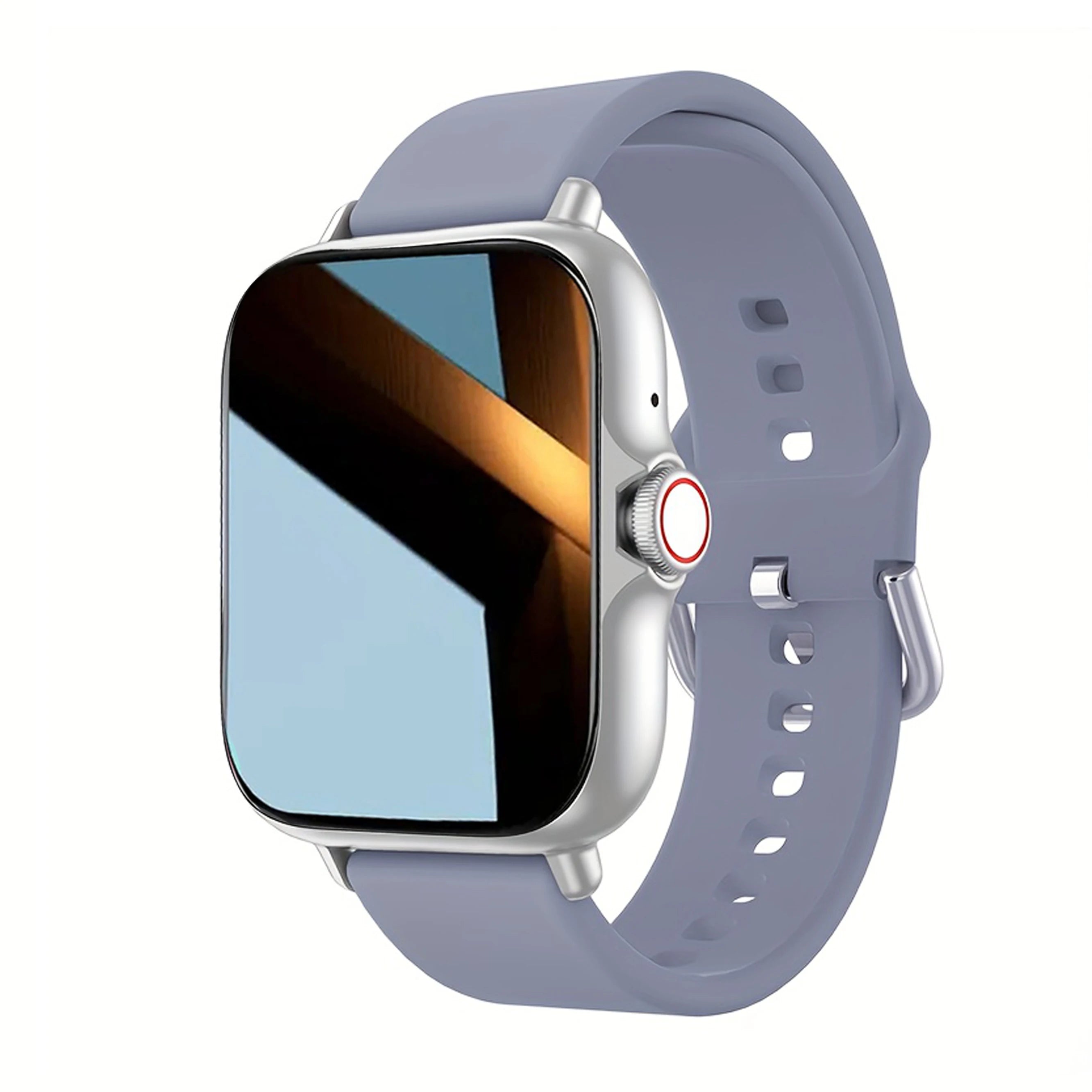 Silver smartwatch with a light blue silicone strap and a square touchscreen display.