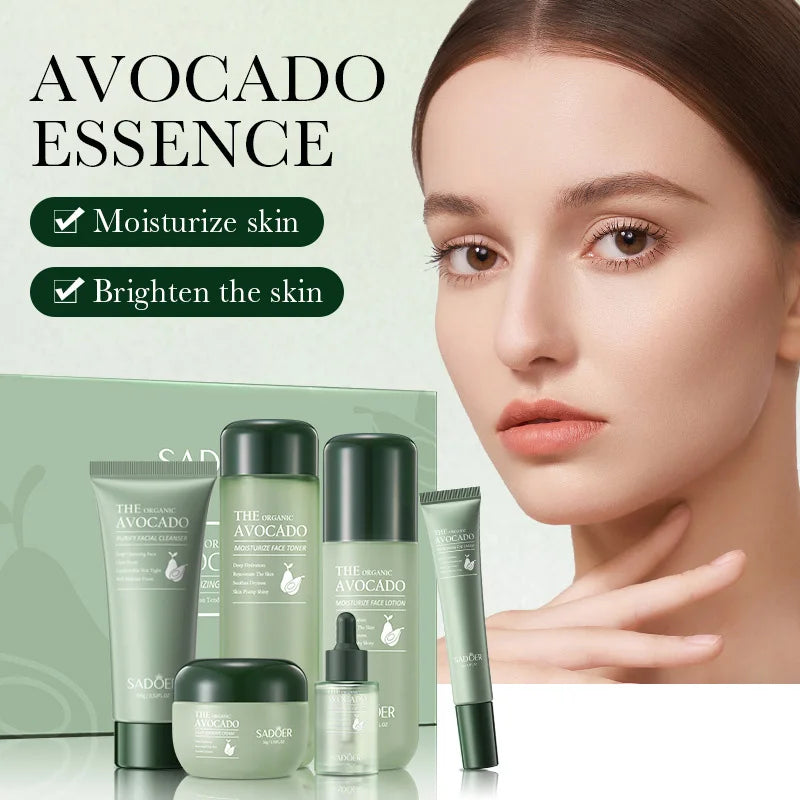 Avocado essence skincare gift set featuring a cleanser, toner, lotion, cream, serum, and eye cream in sage green bottles.