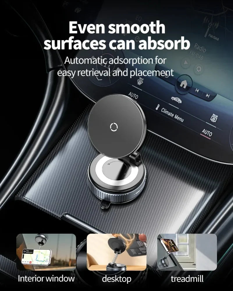 Black magnetic phone mount with adjustable arm, shown attached to a car dashboard with multiple usage examples below.