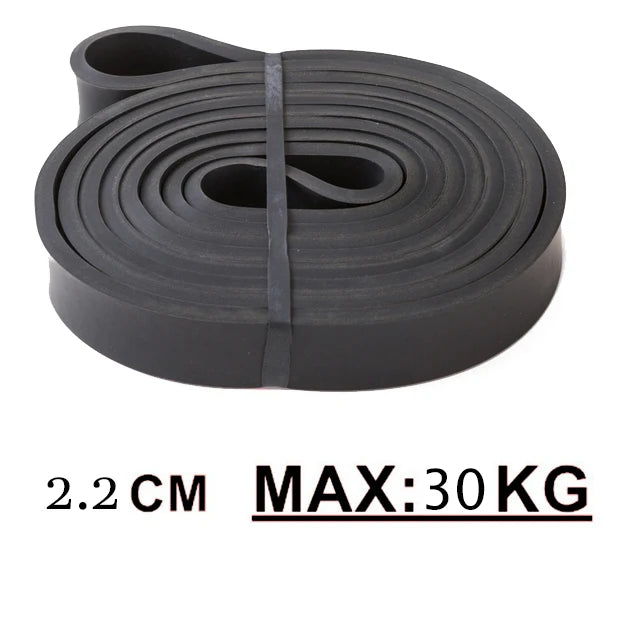A coiled black resistance exercise band, 2.2 cm wide with a 30 kg maximum load capacity.