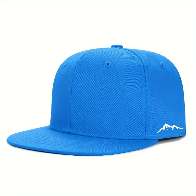 Bright blue unisex flat-brim cap featuring a small white mountain range graphic on the side.