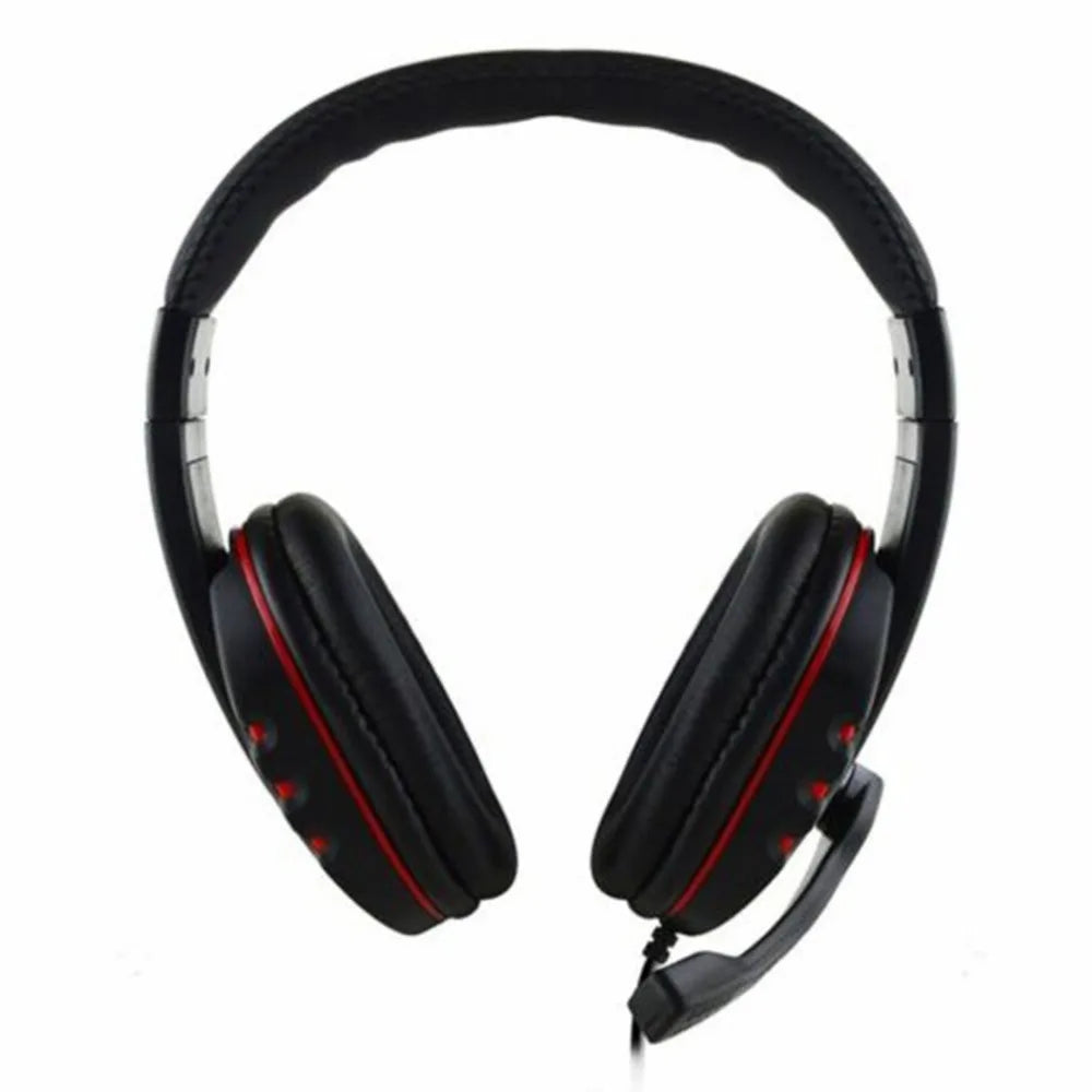 Black wired gaming headset with comfortable ear cushions, red accents and an adjustable microphone.