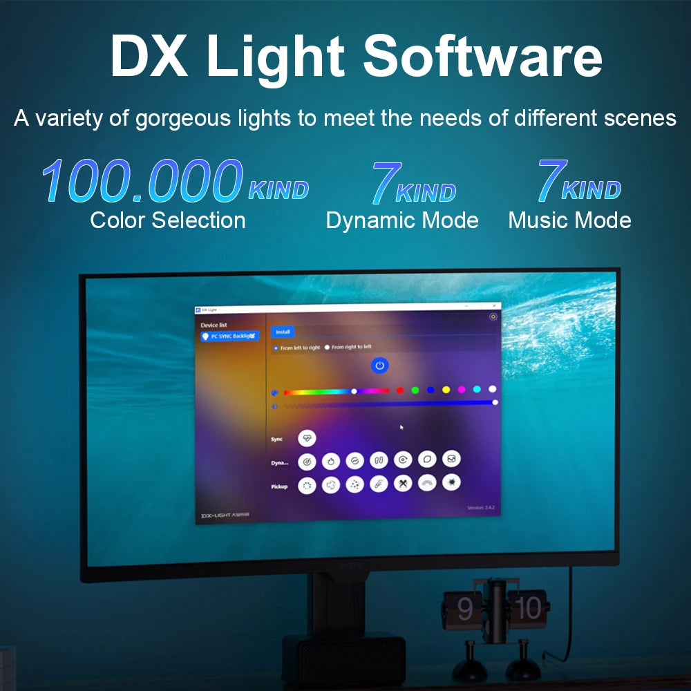 Smart LED backlight software interface on a monitor, featuring custom colour selection, dynamic effects, and music sync.