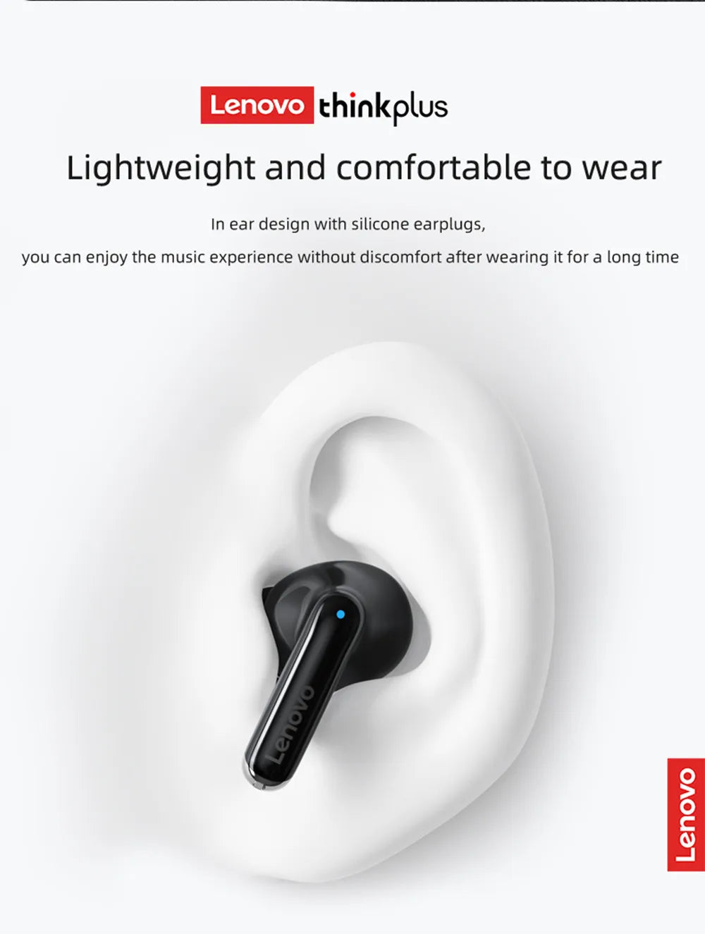 Black wireless in-ear earbud with a sleek, ergonomic design and a small blue indicator light, shown in a human ear.