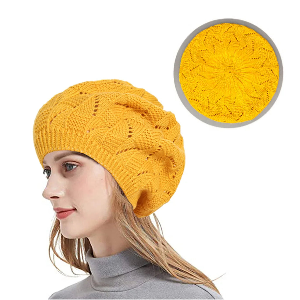 Bright yellow women’s slouchy knitted beanie with an intricate cable-knit pattern and soft satin lining.