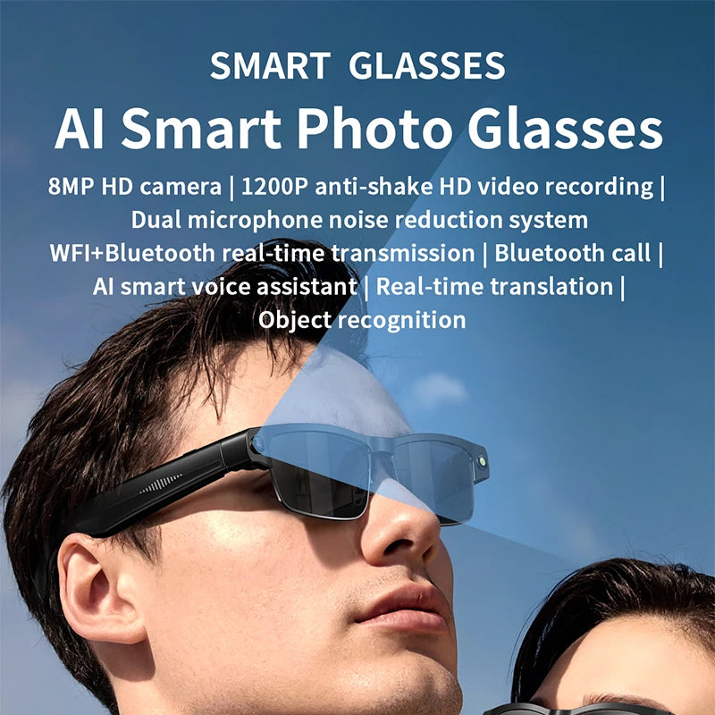 Stylish black smart glasses with an integrated HD camera, voice assistant, and real-time translation features.