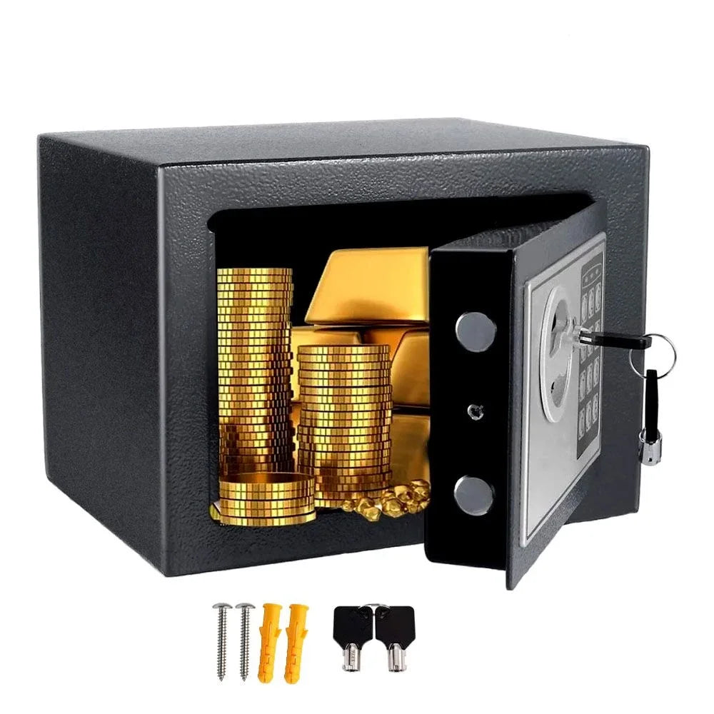 Black steel security safe with a digital keypad, key lock, and internal bolts, filled with gold coins and bars.