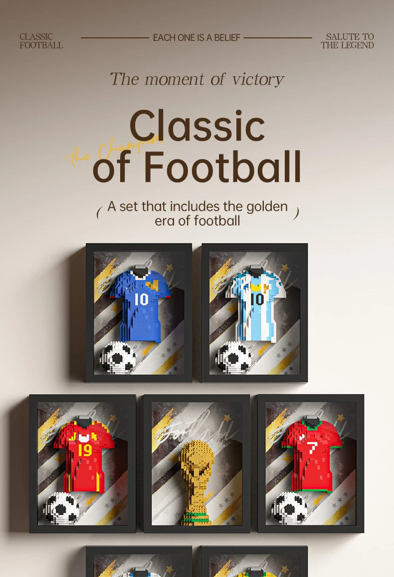 Framed 3D brick art set featuring classic football shirts, balls, and a gold trophy in various team colours.