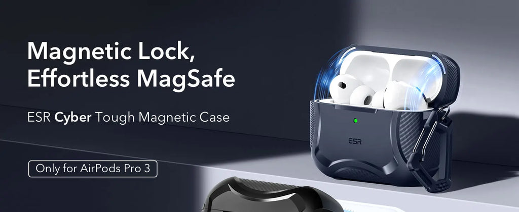 ESR Cyber tough black magnetic case for AirPods Pro 3, featuring a durable, rugged design with an attached carabiner.