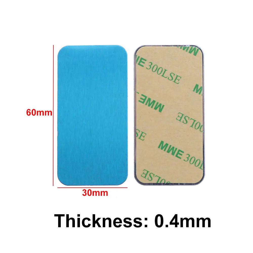 Two rectangular 60x30mm adhesive pads. One shows a blue brushed metal front, the other has a tan adhesive backing.