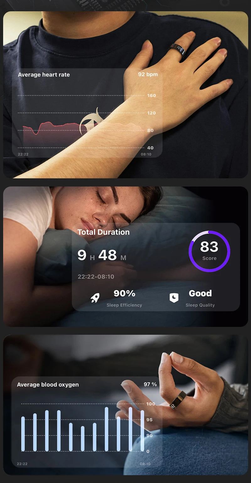 Sleek black smart health ring showing heart rate, sleep tracking, and blood oxygen data overlays on an LED display.