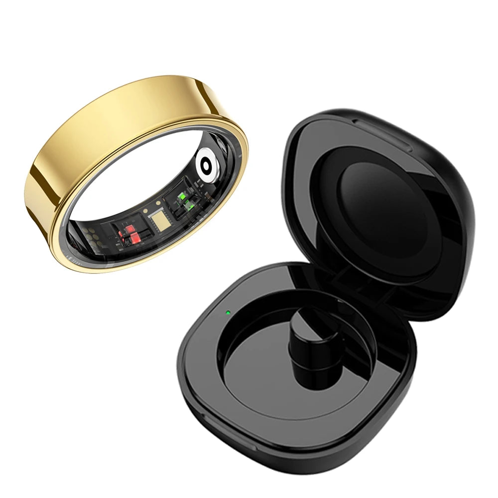 Polished gold smart health ring with underside sensors, shown with its black open charging case.