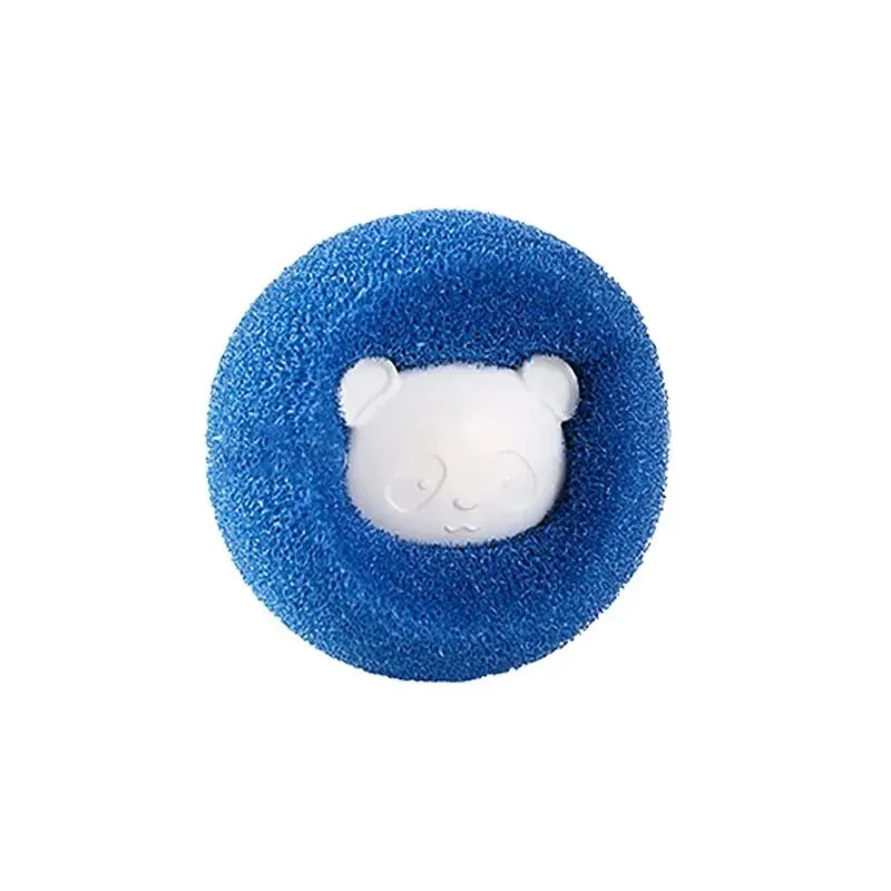 Blue, circular laundry hair catcher with a white, embossed panda face in the centre.