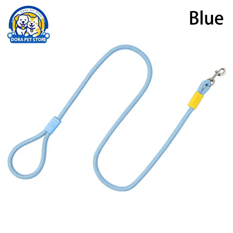 A light blue braided rope dog leash with a yellow accent detail and a silver metal clasp.