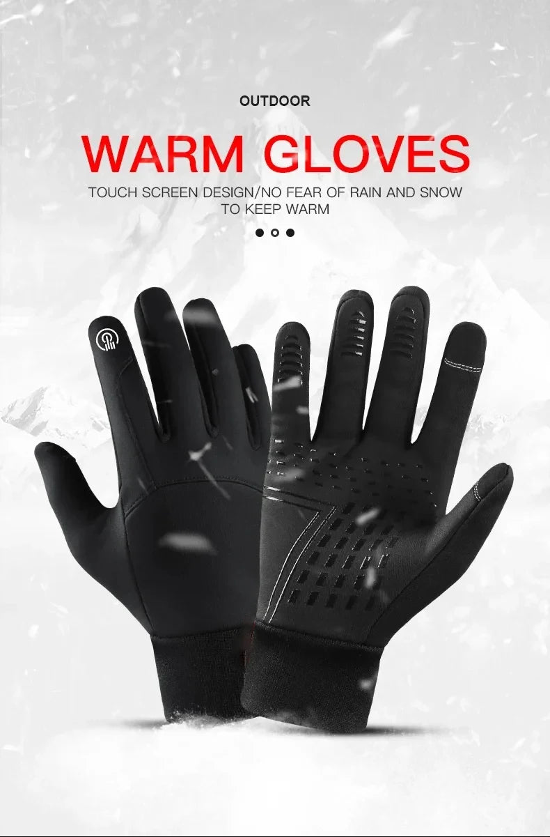 Pair of black, water-resistant outdoor gloves with touchscreen-compatible fingertips and non-slip palm grip.
