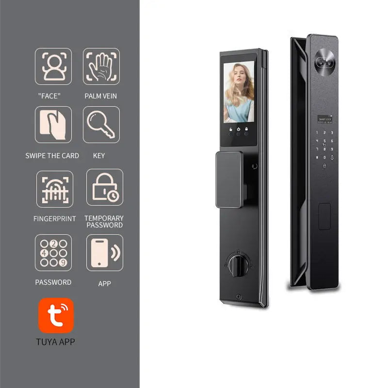 Black smart door lock with video screen, keypad, and icons showing biometrics, card, key, and app access methods.