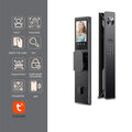 Black smart door lock with video screen, keypad, and icons showing biometrics, card, key, and app access methods.