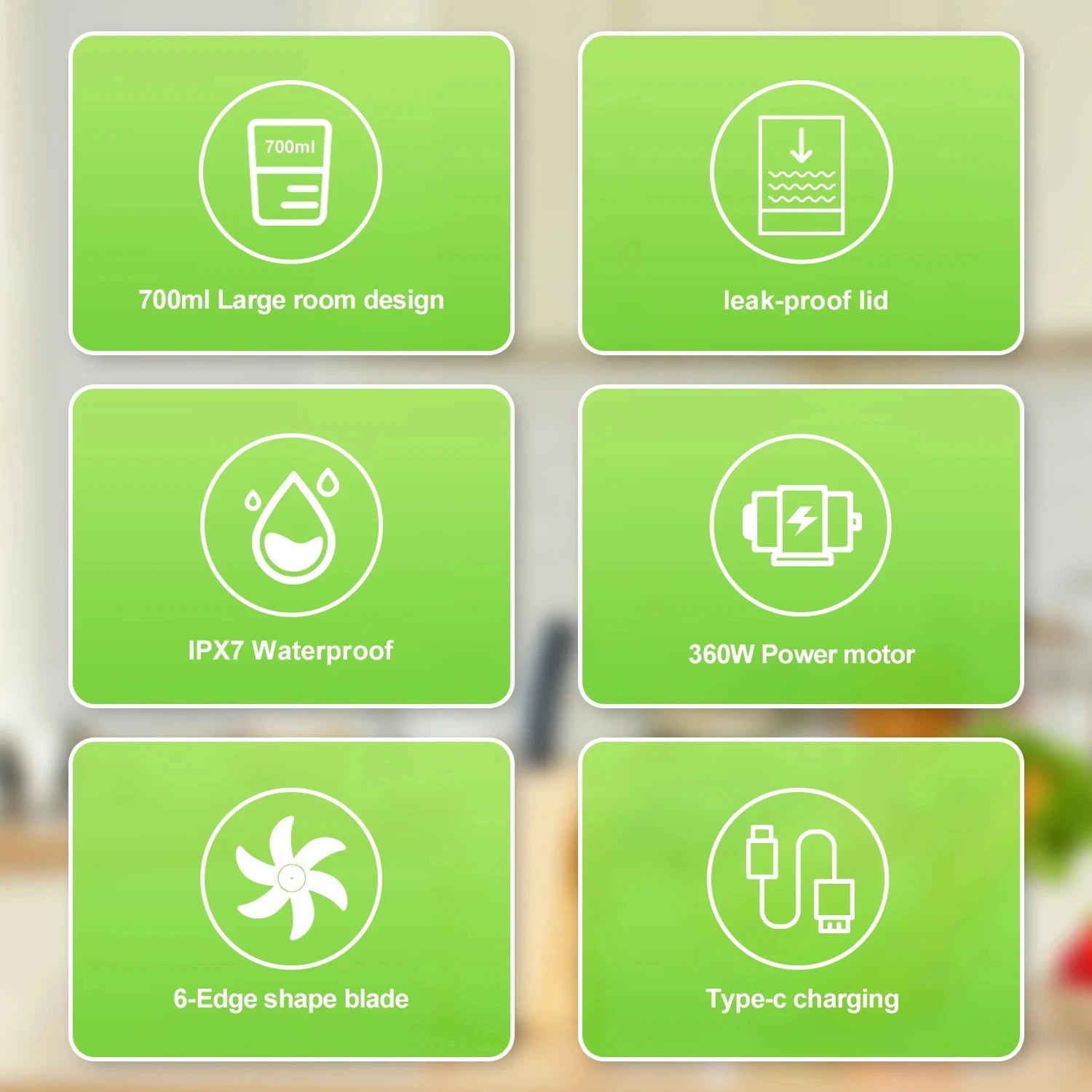 Infographic with six lime-green icons detailing blender features like 700ml capacity, leak-proof lid, and USB charging.