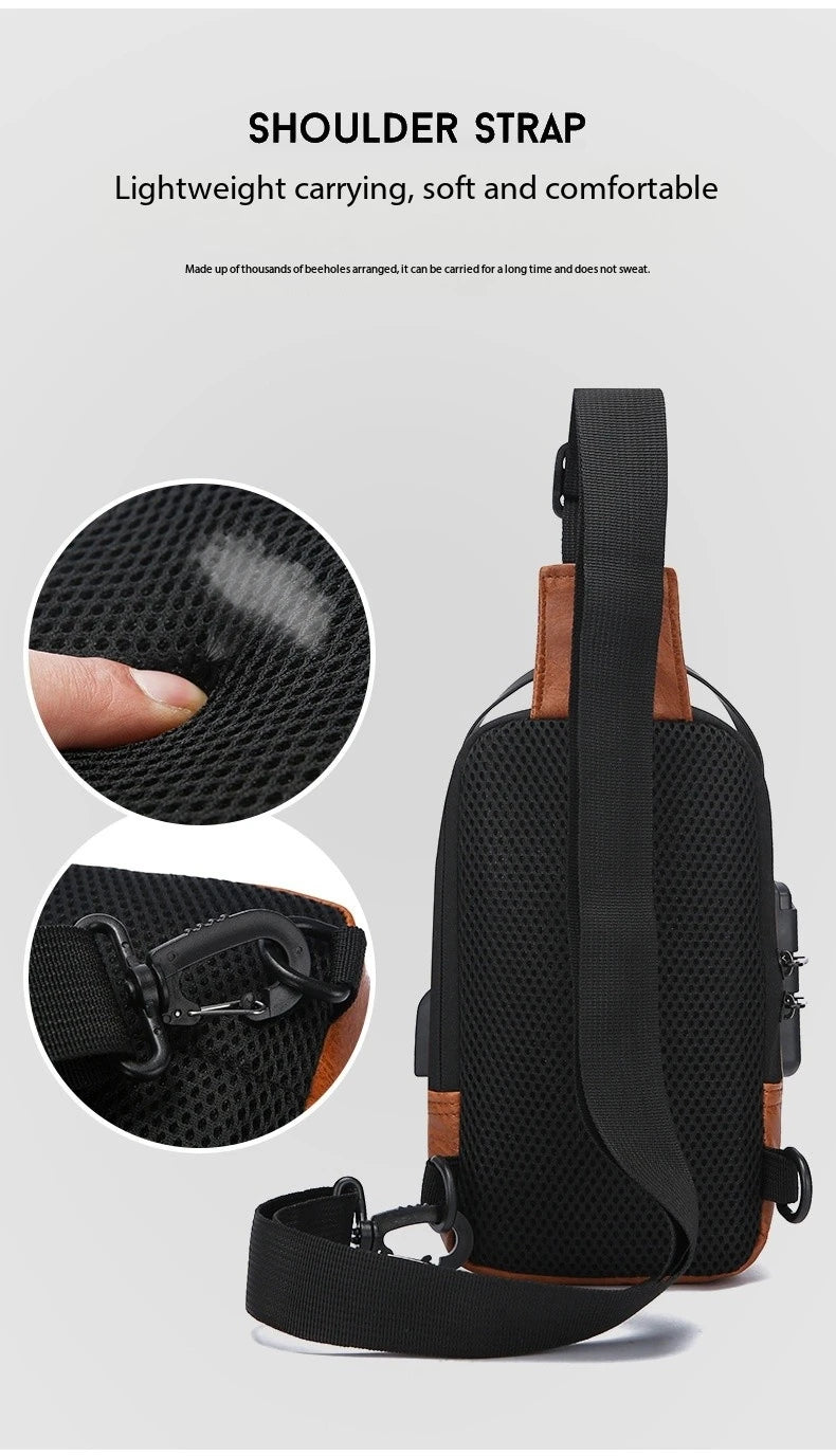 Black and brown crossbody sling bag with a breathable, padded mesh shoulder strap and secure clip attachments.