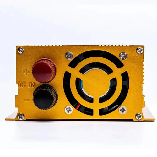 Gold 12V to 220V power inverter with a cooling fan and red and black DC input terminals against a white background.