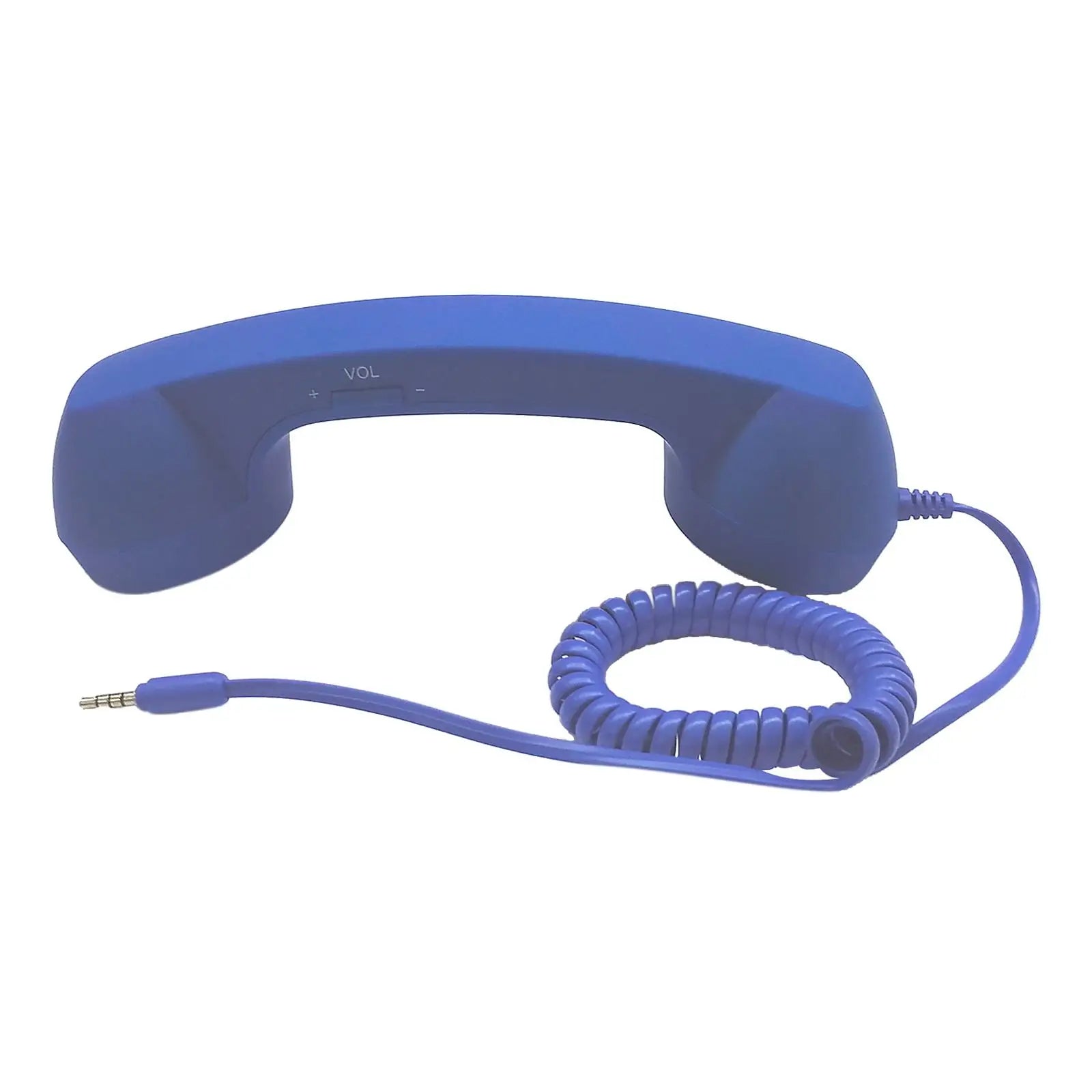 Blue retro-style telephone handset with a coiled cord, integrated volume controls, and a 3.5mm jack connector.