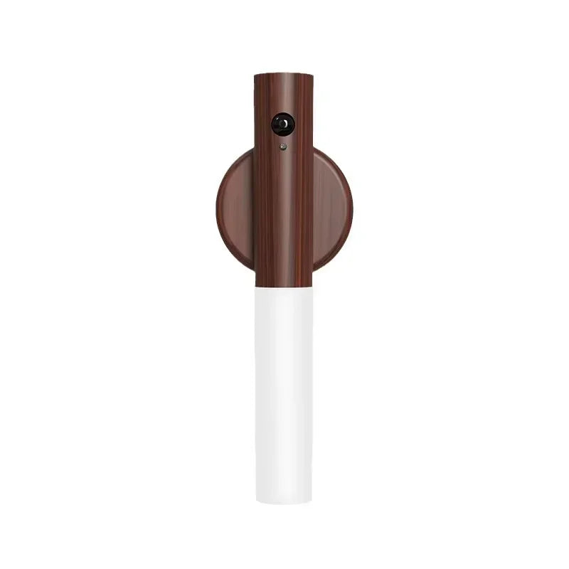Rechargeable wooden-effect wall light with a motion sensor and cylindrical white LED shade.