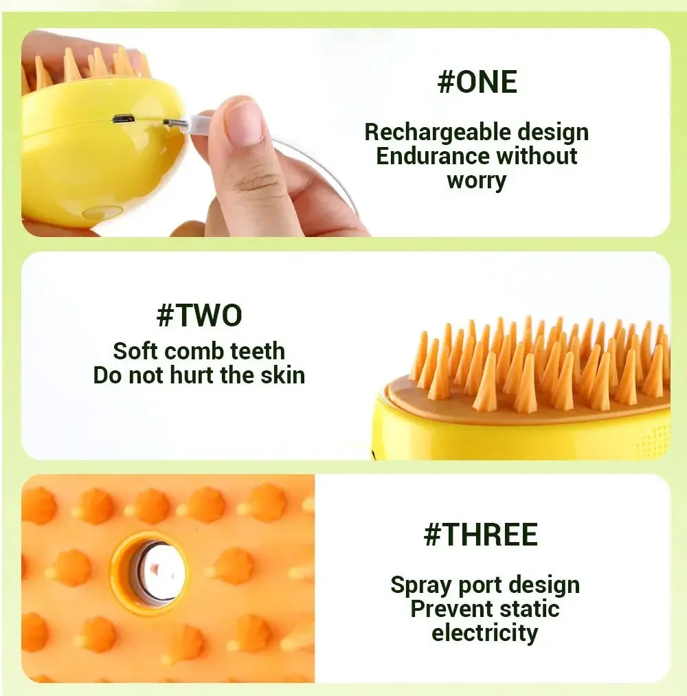 Yellow 3-in-1 electric pet grooming brush with soft silicone bristles, rechargeable port, and integrated steam spray.